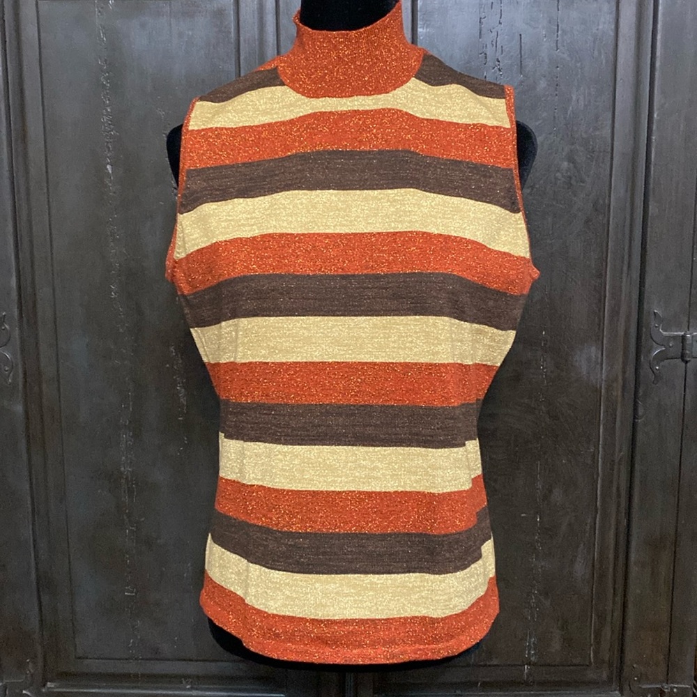 Kathy Lee metallic gold, brown & brick sleeveless mock turtleneck sweater-Medium